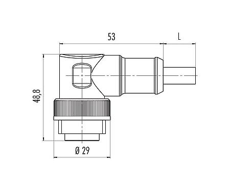 Scale drawing RD24 Male angled connector, Contacts: 6+PE, unshielded, moulded on the cable, IP67, PVC, black, 7 x 0.75 mm², 2 m