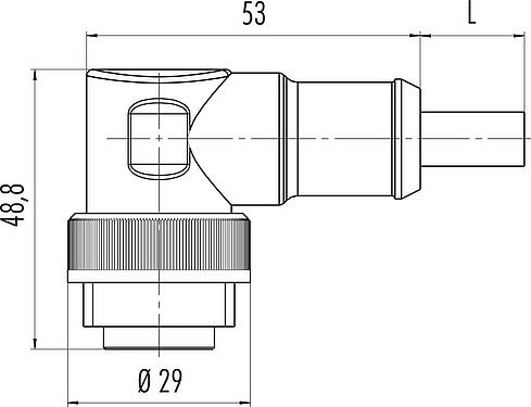 Scale drawing RD24 Male angled connector, Contacts: 6+PE, unshielded, moulded on the cable, IP67, PVC, black, 7 x 0.75 mm², 2 m