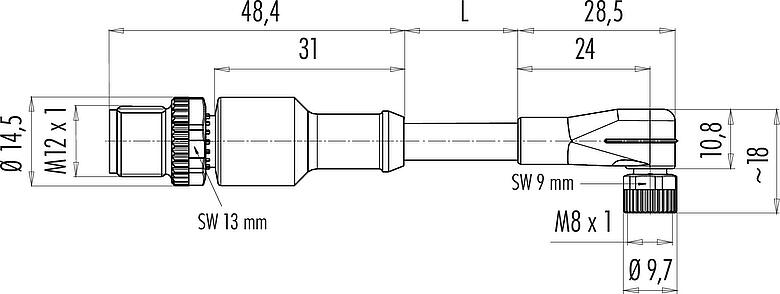 比例图 M12/M8 针头电缆连接器 - 孔头弯角电缆连接器, 极数: 3, 非屏蔽, 预铸电缆, IP67/IP69K, PUR, 黑色, 3x0.25mm², 带LED的PNP, 2m