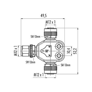 Scale drawing M12 Twin distributors, T-distributor, male connector - 2 female connector, Contacts: 5, unshielded, pluggable, IP68, UL 2238