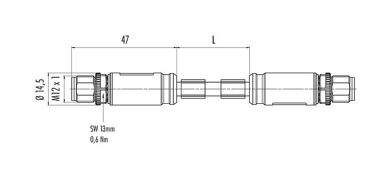 Scale drawing 79 9722 020 08 - M12/M12 Connecting cable 2 male cable connectors, Contacts: 8, shielded, moulded on the cable, IP67, UL, PUR, green, AWG 26/7, 2 m