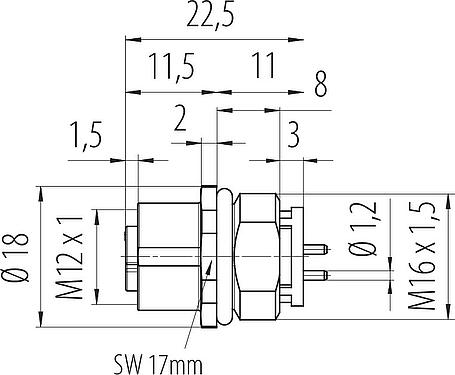 比例图 M12 孔头法兰座, 极数: 4, 非屏蔽, THR, IP68, UL 2238, M16x1.5, 板前安装