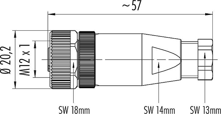 比例图 M12 直头孔头电缆连接器, 极数: 4, 6.0-8.0mm, 非屏蔽, 压接(压接触点必须单独订购), IP67, UL 2238