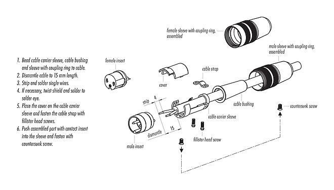 装配说明 09 0301 09 02 - M16 直头针头电缆连接器, 极数: 2 (02-a), 3.0-6.0mm, 非屏蔽, 焊接, IP40
