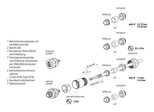 Assembly instructions M12 Male cable connector, Contacts: 5, 5.5-8.6 mm, shieldable, screw clamp, IP68/IP69K, UL 2238, Ecolab, stainless steel, with shielding ring