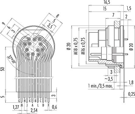 连接和尺寸 M16 针头法兰座, 极数: 12 (12-a), 非屏蔽, THT, IP67, M18x0,75, 後壁安裝