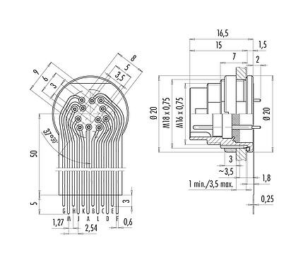 连接和尺寸 M16 针头法兰座, 极数: 12 (12-a), 非屏蔽, THT, IP67, M18x0,75, 後壁安裝