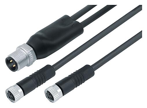 Illustration M12/M8 Male cable splitter - 2 female cable connectors, Contacts: 4/3, unshielded, moulded on the cable, IP67, UL 2238, PUR, black, 3 x 0.34 mm², 2 m