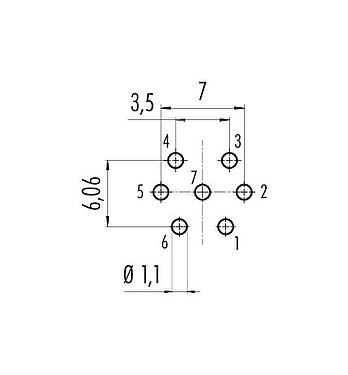 Conductor layout M16 Female panel mount connector, Contacts: 7 (07-a), unshielded, THT, IP67, UL 2238, M18x0,75, Rear mounting