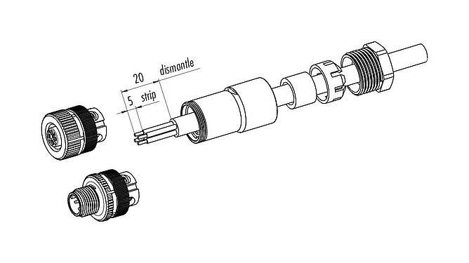 Assembly instructions M12 Female cable connector, Contacts: 5, 6.0-8.0 mm, unshielded, screw clamp, IP67, UL 2238, VDE, for the power supply