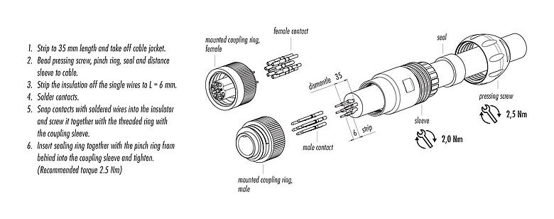 Assembly instructions RD24 Male cable connector, Contacts: 6+PE, 7.0-17.0 mm, unshielded, solder, IP67, UL, ESTI+, VDE