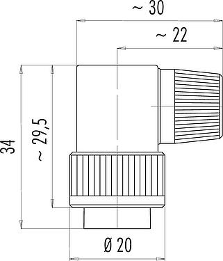 Scale drawing Bayonet Male angled connector, Contacts: 7, 6.0-8.0 mm, unshielded, solder, IP40
