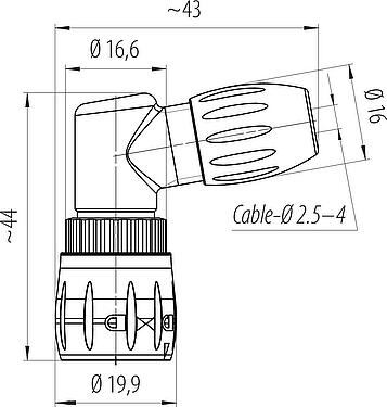 Scale drawing Bayonet Male angled connector, Contacts: 8, 2.5-4.0 mm, unshielded, solder, IP67