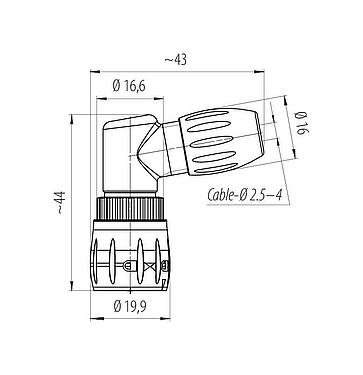 比例图 卡扣式 弯角针头电缆连接器, 极数: 8, 2.5-4.0mm, 非屏蔽, 焊接, IP67