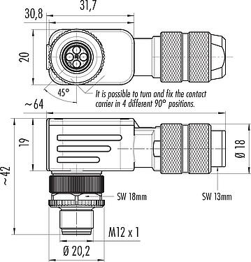 比例图 M12 弯角针头电缆连接器, 极数: 4, 5.0-8.0mm, 可接屏蔽, 压接(压接触点必须单独订购), IP67, UL 2238