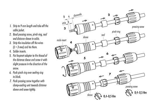 Assembly instructions Bayonet Male cable connector, Contacts: 8, 2.5-4.0 mm, unshielded, solder, IP67