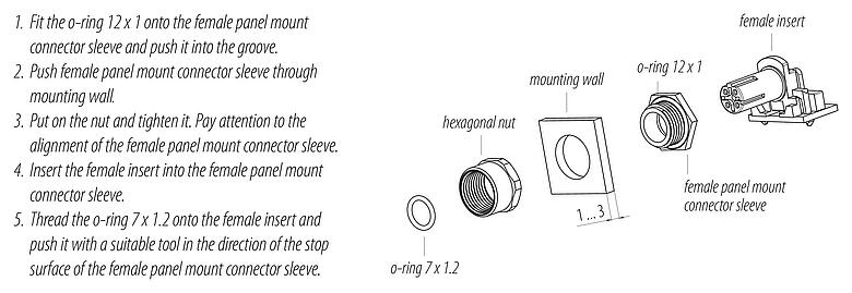 Assembly instructions M12 Male panel mount connector, Contacts: 4, shieldable, THR, IP67, UL 2238, M12x1.0, Rear mounting