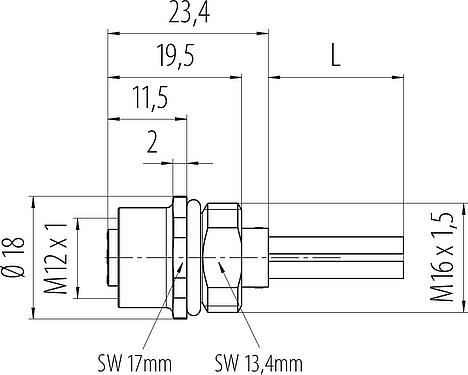 比例图 M12 孔头法兰座, 极数: 4, 非屏蔽, 带导线, IP68, UL 2238, M16x1.5, 板前安装, 模压成型
