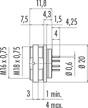 比例图 M16 孔头法兰座, 极数: 12 (12-a), 非屏蔽, THT, IP67, UL 2238, M18x0,75, 後壁安裝