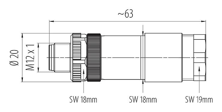 Rysunek z wymiarami 99 0429 142 04 - M12 Męskie złącze dwu kablowe proste, Kontaktów: 4, 2 x Kabel Ø 2,1-3,0 mm lub Ø 4,0-5,0 mm, nieekranowany, zacisk śrubowy, IP67, UL