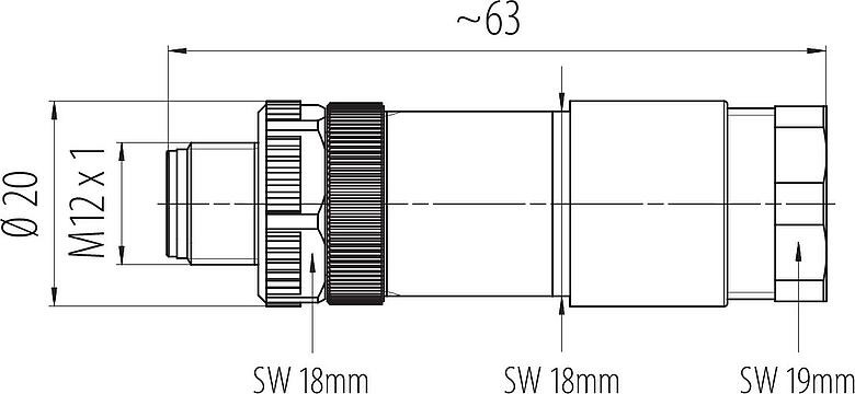 比例图 M12 双出口针头电缆连接器, 极数: 5, 2.1-3.0 mm (2 电缆) 或者 4-5 mm (2 电缆), 非屏蔽, 螺钉接线, IP67, UL 2238