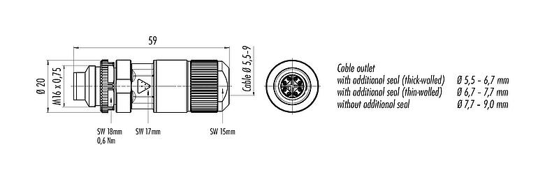 比例图 M16 直头针头电缆连接器, 极数: 8, 5.5-9.0mm, 可接屏蔽, IDC, IP67
