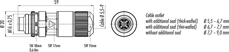 比例图 M16 直头针头电缆连接器, 极数: 8, 5.5-9.0mm, 可接屏蔽, IDC, IP67