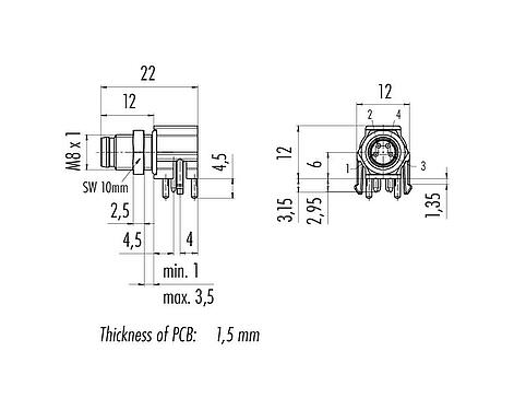 Scale drawing 99 3391 282 04 - M8 Male angled panel mount connector, Contacts: 4, unshielded, THR, IP67, UL, Front mounting