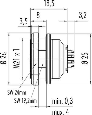 比例图 Push Pull 针头法兰座, 极数: 19, 非屏蔽, 焊接, IP67, M21x1,0, 後壁安裝
