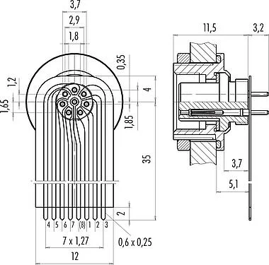 Connection & dimensions M9 Female panel mount connector, Contacts: 8, unshielded, THT, IP67, M12x0.5, Rear mounting