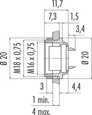 比例图 M16 孔头法兰座, 极数: 14 (14-b), 非屏蔽, 焊接, IP40, M18x0,75, 後壁安裝