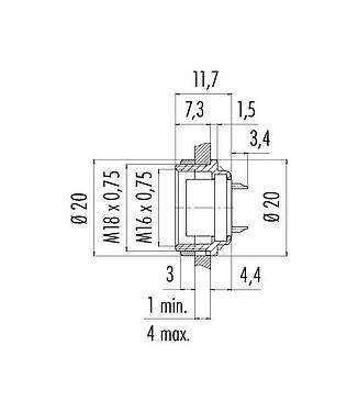 比例图 M16 孔头法兰座, 极数: 12 (12-a), 非屏蔽, 焊接, IP40, M18x0,75, 後壁安裝