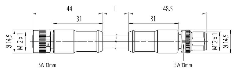 Scale drawing 77 0630 0629 50704-0500 - M12/M12 Connecting cable male cable connector - female cable connector, Contacts: 4, unshielded, moulded on the cable, IP68, PUR, black, 4 x 1.50 mm², 5 m