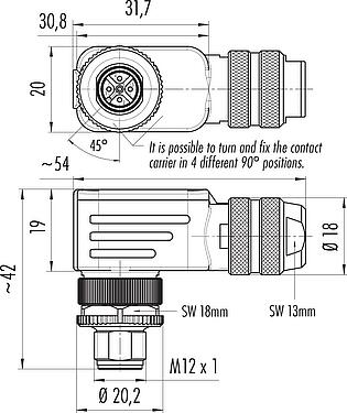 比例图 M12 弯角针头电缆连接器, 极数: 5, 6.0-8.0mm, 可接屏蔽, 螺钉接线, IP67, UL 2238, 带防护环