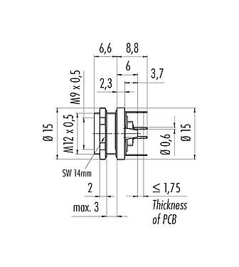 Scale drawing M9 Female panel mount connector, Contacts: 2, shieldable, THT, IP67, M12x0.5, Rear mounting, potted
