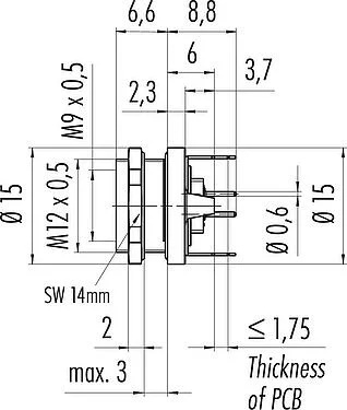 比例图 M9 孔头法兰座, 极数: 4, 可接屏蔽, THT, IP67, M12x0.5, 後壁安裝, 模压成型