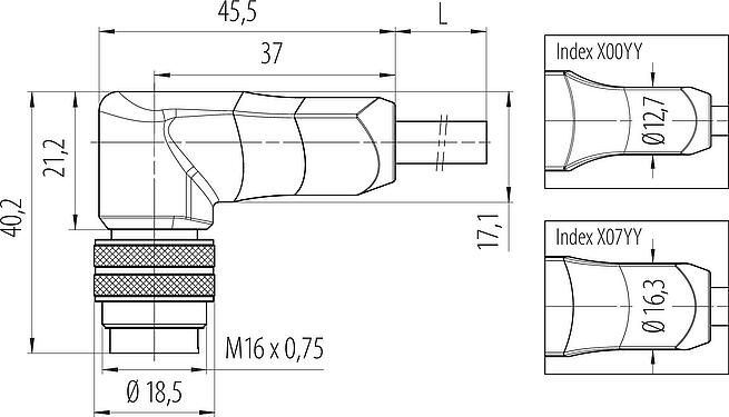 Scale drawing M16 Male angled connector, Contacts: 12, unshielded, moulded on the cable, IP67, PUR, black, 12 x 0.25 mm², 2 m