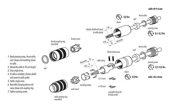 装配说明 99 5609 00 04 - M16 直头针头电缆连接器, 极数: 4 (04-a), 6.0-8.0mm, 可接屏蔽, 焊接, IP67, UL