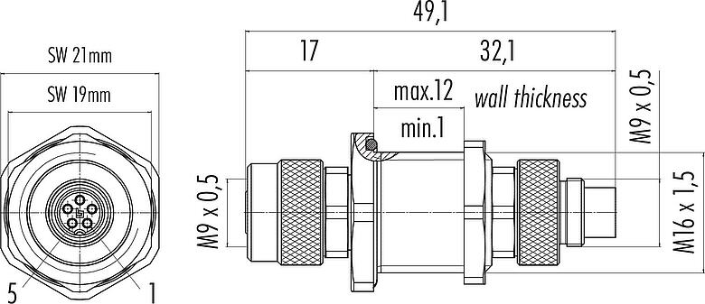 Scale drawing M9 Lead-through for control cabinet, Contacts: 5, shieldable, pluggable, IP67, Rear mounting