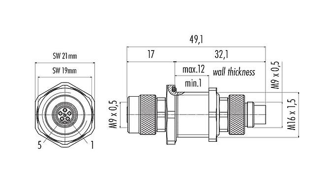 Scale drawing M9 Lead-through for control cabinet, Contacts: 5, shieldable, pluggable, IP67, Rear mounting