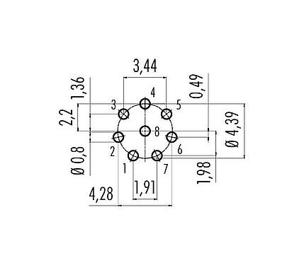 Conductor layout Snap-In Female panel mount connector, Contacts: 8, unshielded, THT, IP67, UL 2238, M8x0,75, Front mounting