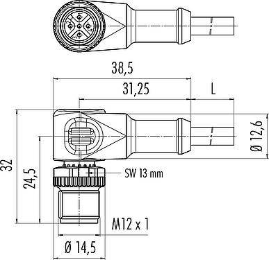 Scale drawing M12 Male angled connector, Contacts: 3, unshielded, moulded on the cable, IP68/IP69K, PUR, black, 3 x 0.34 mm², for welding applications, 5 m