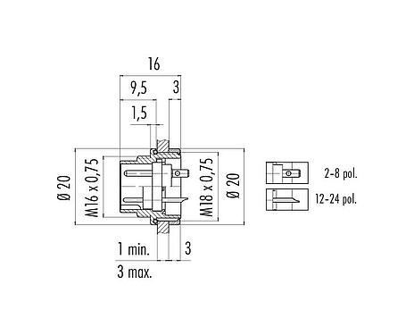 比例图 M16 针头法兰座, 极数: 7 (07-b), 非屏蔽, 焊接, IP67, UL 2238, M18x0,75, 板前安装