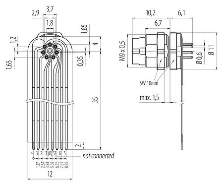 Connection & dimensions M9 Male panel mount connector, Contacts: 7, unshielded, THT, IP40, M9x0,5, Rear mounting