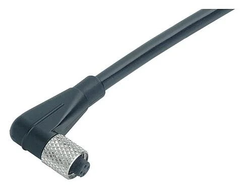 Illustration M5 Female angled connector, Contacts: 4, unshielded, moulded on the cable, IP67, UL 2238, M5x0.5, PUR, black, 4 x 0.25 mm², 5 m