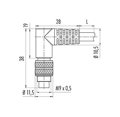 Scale drawing 79 1410 72 04 - M9 Female angled connector, Contacts: 4, shielded, moulded on the cable, IP67, PUR, black, 5 x 0.25 mm², 2 m
