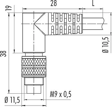 比例图 M9 弯角孔头电缆连接器, 极数: 3, 屏蔽, 预铸电缆, IP67, PUR, 黑色, 5x0.25mm², 2m