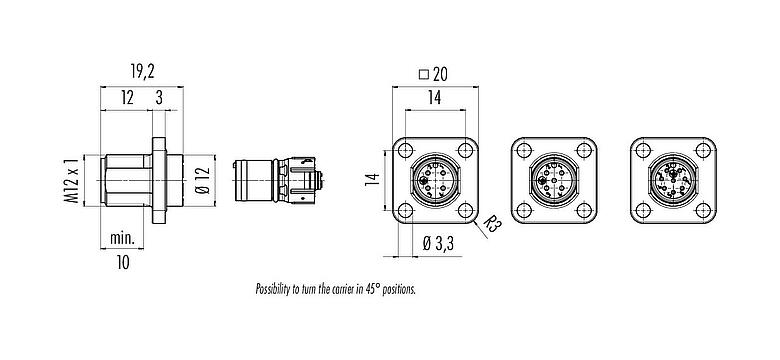 Scale drawing 99 3443 200 05 - M12 Square male panel mount connector, Contacts: 5, unshielded, UL