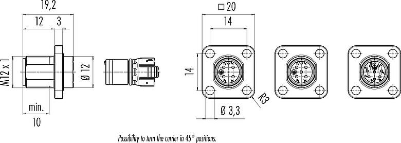 Scale drawing M12 Square male panel mount connector, Contacts: 5, unshielded, UL 2238, M3 (4x), Front mounting, Positionable coding alignment