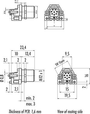 Scale drawing M12 Male panel mount connector, Contacts: 8, shieldable, THR, IP68, UL 2238, M12x1.0, Rear mounting, for PCB assembly